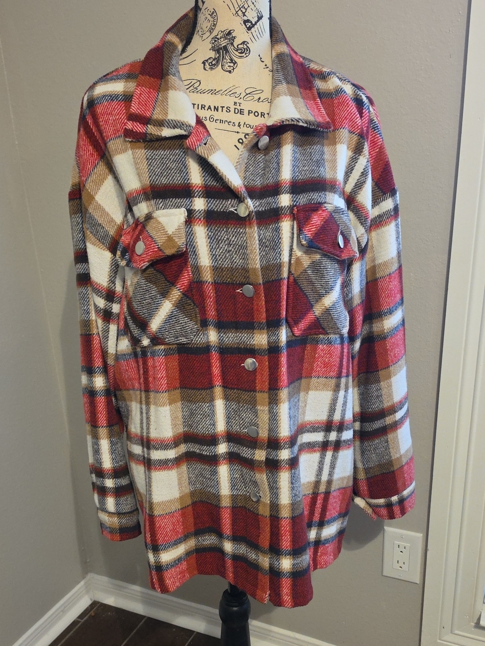 Women's Plaid Button-Up Shacket Jacket - Red, Cream & Brown
